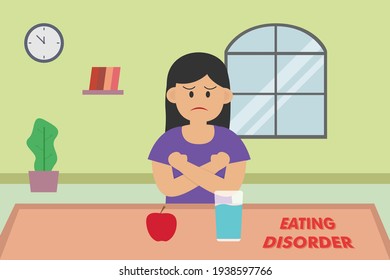 Conceptos vectoriales de trastorno de la alimentación: Caricatura de una mujer deprimida con trastorno alimentario