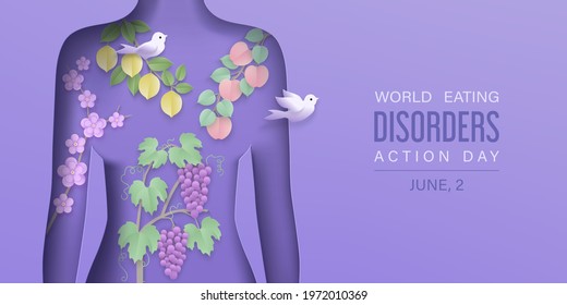 Eating disorders day background with paper layered woman figure and fruit branches