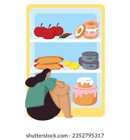 Eating disorders. Girl worrying about her appearance, eating fast food. Cartoon woman looking at hamburgers, fridge thinking about being overweight. Diet, health. Flat vector illustration. 
