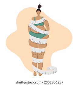 Eating disorders. Girl worrying about her appearance. Cartoon woman looking at hamburgers, fridge thinking about being overweight. Diet, health. Flat vector illustration. Overweight people