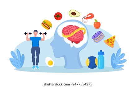 Eating disorders as psychological illness. Excessive weight control, food limitation. Man worrying about her appearance, doing exercise. Addiction to slimming, dieting and mental guilty feeling