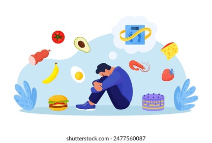 Eating disorders as psychological illness. Excessive weight control, food limitation. Depressed man worrying about his appearance. Addiction to slimming, dieting, mental guilty feeling