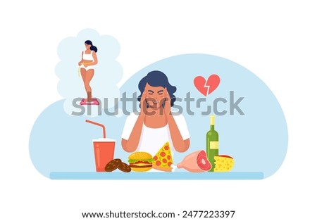 Eating disorders as psychological illness. Excessive weight control, food limitation. Depressed woman eating fast food. Extreme overeating. Addiction to slimming, dieting and mental guilty feeling