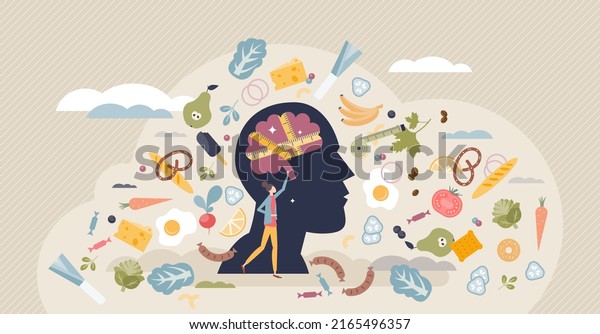 Eating disorders as psychological unhealthy diet\
illness tiny person concept. Excessive weight control and food\
limitation vector illustration. Addiction to slimming, dieting and\
mental guilty feeling