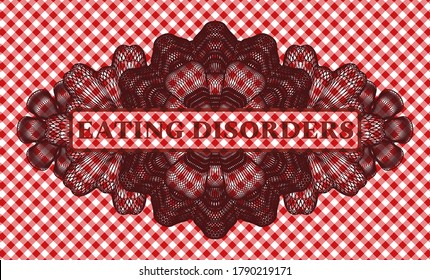 Trastornos de la alimentación texto dentro del emblema del mantel rojo lineal de cuadros. Restaurante con un agradable entorno. Ilustración. 