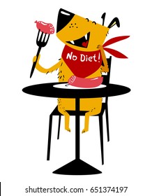 Eating dog. A cheerful dog sits at a table and eats sausage with a fork. Cartoon vector illustration with cute pet. No Diet lettering