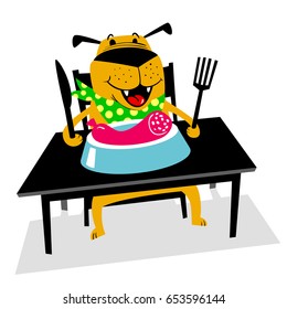 Eating dog. A cheerful dog sits at a table and eats sausage with a fork. Cartoon vector illustration with cute smiling dog. 