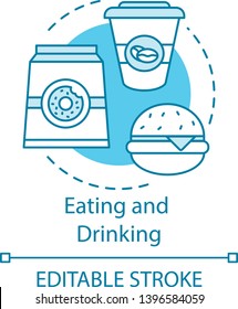 Eating and drinking concept icon. Unhealthy food. Junk food. Pack of donuts, coffee, burger. Lunch. Fastfood idea idea thin line illustration. Vector isolated outline drawing. Editable stroke