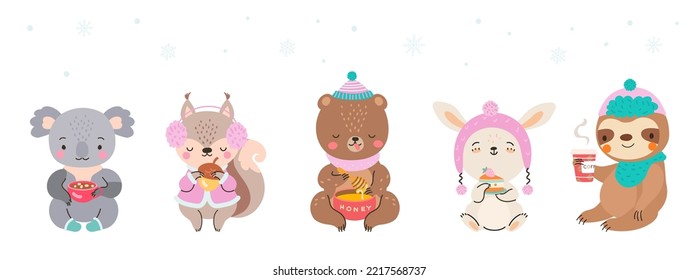 Eating and drinking cute cartoon animals. Koala, bunny, bear, sloth and squirrel isolated. Wild animal hold sweet cake and coffee, hot chocolate. Vector childish characters