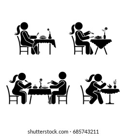 Eating And Drinking Pictogram. Stick Figure Vector Dining Couple Icon On White