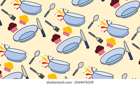 Eating and drinking utensils pattern background. Eating and drinking utensils illustration pattern. Eating and drinking utensils background. Perfect for fabrics, print, textile, wallpaper, and decor. 