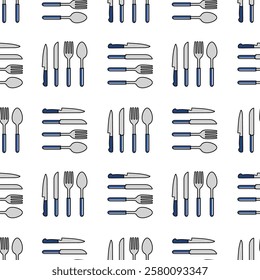 Eating and drinking utensils seamless pattern background. Eating and drinking utensils illustration. Eating and drinking utensils background. Perfect for fabrics, print, textile, wallpaper, decor.