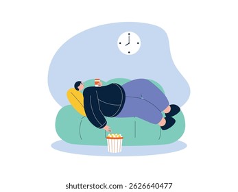 Comer e beber enquanto deitado no sofá, ilustração de vetor de preguiça.