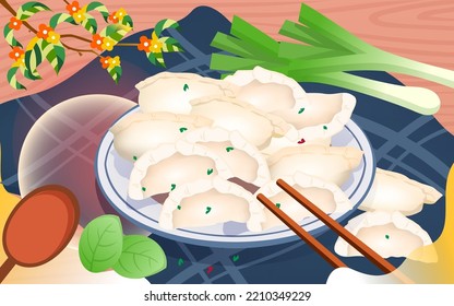 Eating dumplings during the winter solstice, celebrating the reunion of the new year in winter, vector illustration