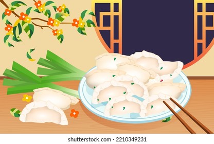 Eating dumplings during the winter solstice, celebrating the reunion of the new year in winter, vector illustration