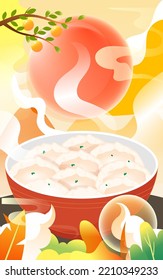 Eating dumplings during the winter solstice, celebrating the reunion of the new year in winter, vector illustration