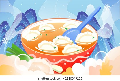 Eating dumplings during the winter solstice, celebrating the reunion of the new year in winter, vector illustration