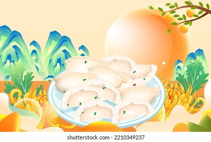 Eating dumplings during the winter solstice, celebrating the reunion of the new year in winter, vector illustration