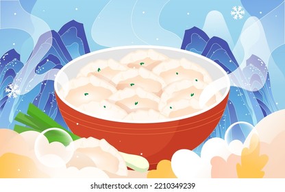 Eating dumplings during the winter solstice, celebrating the reunion of the new year in winter, vector illustration