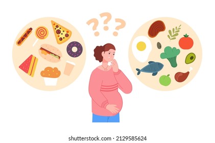 Eating during pregnancy. Pregnant woman think eat healthy vegetarian nutrition or unhealthy carbs cupcake, overweight problem fast food sugar, cartoon vector illustration. Pregnant healthy woman