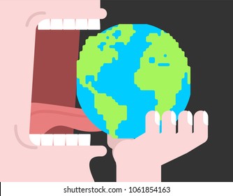 Eating Earth planet. Open mouth. Teeth and tongue. Hunger
