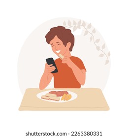 Comer con dispositivos electrónicos aislados ilustración vectorial de dibujos animados. Niño sosteniendo un smartphone y comiendo deliciosos aperitivos, adicción a la comida, malos hábitos, caricatura del vector de problemas de nutrición.