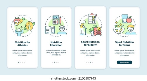 Eating for exercise and sports onboarding mobile app screen. Nutrition walkthrough 4 steps graphic instructions pages with linear concepts. UI, UX, GUI template. Myriad Pro-Bold, Regular fonts used