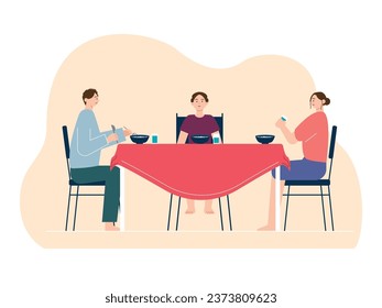 Eating with the family, mother, father and son, at the dining table with water and dishes. Daily activities at home. Character design. Vector flat illustration