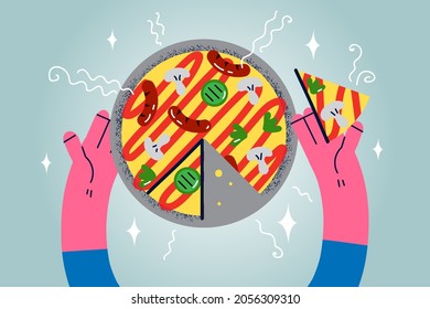 Eating fast food and pizza concept. Flat-lay and top view of human hands eating fresh baked pizza with sausage and vegetables vector illustration