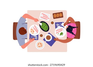 Essen am Esstisch, Draufsicht. Erwachsene und Kind beim Essen, Abendessen. Vater und Mädchen sitzen von oben, Mittagessen zusammen. Flache Vektorgrafik einzeln auf weißem Hintergrund