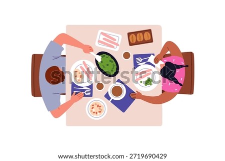 Eating food at dining table, top above view. Adult and child having meal, dinner. Father and girl kid sitting from overhead, lunch together. Flat vector illustration isolated on white background