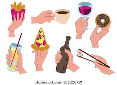 Eating food from restaurant, cafe or bistro. Isolated hands holding french fries, coffee cup, wine glass and baked glazed donut. Juice and slice of pizza, beer and sushi. Vector in flat style