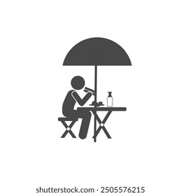 Eating food in a restaurant icon. Eating and drinking pictogram. Stick figure black and white boy set posture. Simple silhouette structure icon.