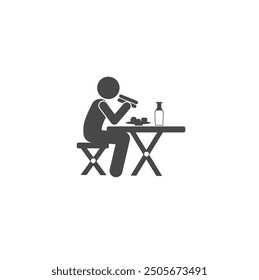 Eating food in a restaurant icon. Eating and drinking pictogram. Eating breakfast vector. Stick figure black and white boy set posture. Simple silhouette structure icon.