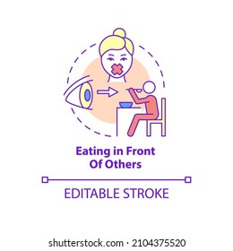Eating in front of others concept icon. Anxiety disorder trigger abstract idea thin line illustration. Isolated outline drawing. Editable stroke. Roboto-Medium, Myriad Pro-Bold fonts used