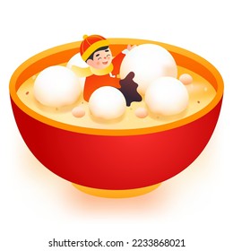 Eating glutinous rice balls for Lantern Festival in the Year of the Rabbit, a bowl filled with glutinous rice balls, vector illustration