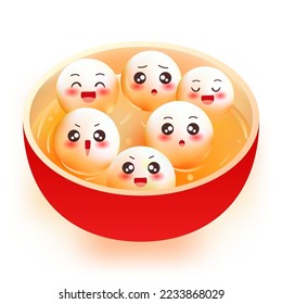 Eating glutinous rice balls for Lantern Festival in the Year of the Rabbit, a bowl filled with glutinous rice balls, vector illustration