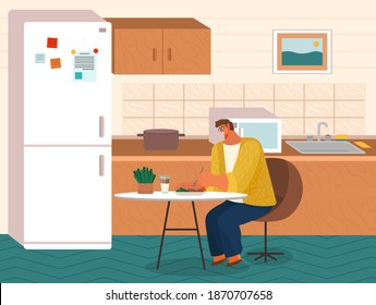 Eating guy at home at kitchen, man sitting alone at table, eat delicious food, stylish interior of modern kitchen with fridge, lunch or dinner for young male, guy at home after work, everyday life