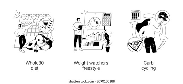 Eating habits abstract concept vector illustration set. Whole30 diet, weight watchers freestyle, carb cycling, fresh vegetable, dietary dish, online nutrition program, balanced meal abstract metaphor.