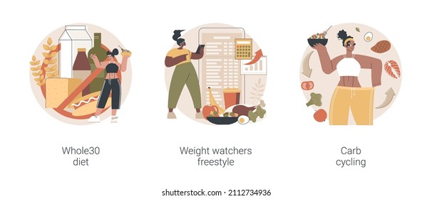 Eating habits abstract concept vector illustration set. Whole30 diet, weight watchers freestyle, carb cycling, fresh vegetable, dietary dish, online nutrition program, balanced meal abstract metaphor.