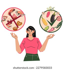 Eating habits and diet plan, decision what to eat during diet and weight control. Choice between unhealthy fast food and healthy eating, flat vector illustration isolated on white background.