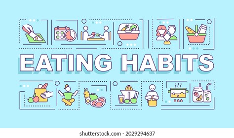 Eating habits word concepts banner. Healthy lifestyle. Balanced menu. Infographics with linear icons on blue background. Isolated creative typography. Vector outline color illustration with text