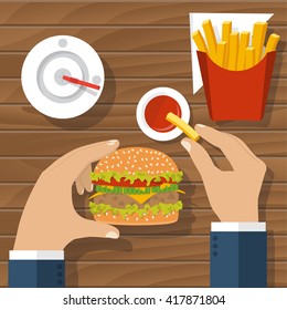 Eating Hamburger. Eating Fast Food. Man At Table Eating Fast Food, Burger, Fries, Drink Cola, Tomato Sauce. Hamburger Hand. Concept Of Unhealthy Diet. Vector Flat Design. Holding Hamburger. Nutrition