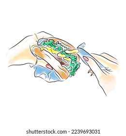 Eating a hamburger with sauce, hands with long nails, street food illustration, watercolor, doodle