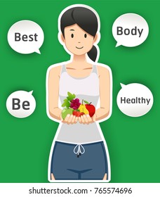 Eating and health care for a beautiful body. Exercises by yourself. Illustrations basic lifestyle with. Home fitness.