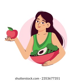 Eating healthy food. The girl is standing with an apple in her hands. Vegetarian, vitamin, natural and fresh products. Diet, weight loss, proper nutrition. flat vector illustration