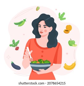 Eating healthy food. Girl stands with salad in her hands. Vegetarian, vitamins, natural and fresh food. Greens, cucumbers, tomatoes. Diet, loss weight, dinner. Cartoon flat vector illustration