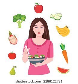 Eating healthy food. Girl stands with salad in her hands. Vegetarian, vitamins, natural and fresh food. Greens, cucumbers, apple, tomatoes. Diet, loss weight, dinner. Cartoon flat vector illustration