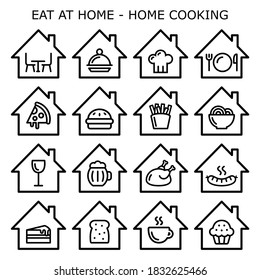 Eating at home, home cooking vector icons set, staying in concept,  cooking dinner or baking a cake or bread at home. Self-isolation eating concept design collection, take away or preparing meal 