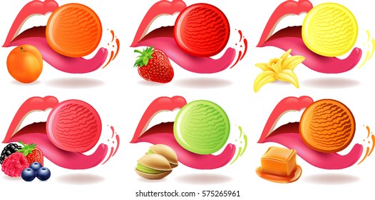 eating ice cream lying on tongue with caramel, apricot, strawberry, pistachio, forest fruits, lemon